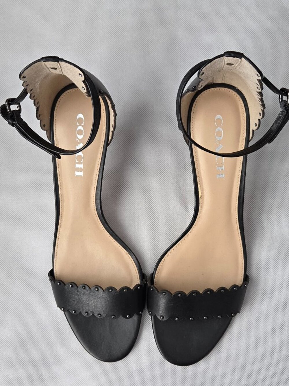 Coach Black Heel Ankle Strap Sandal with  Scalloped  & Studded Details